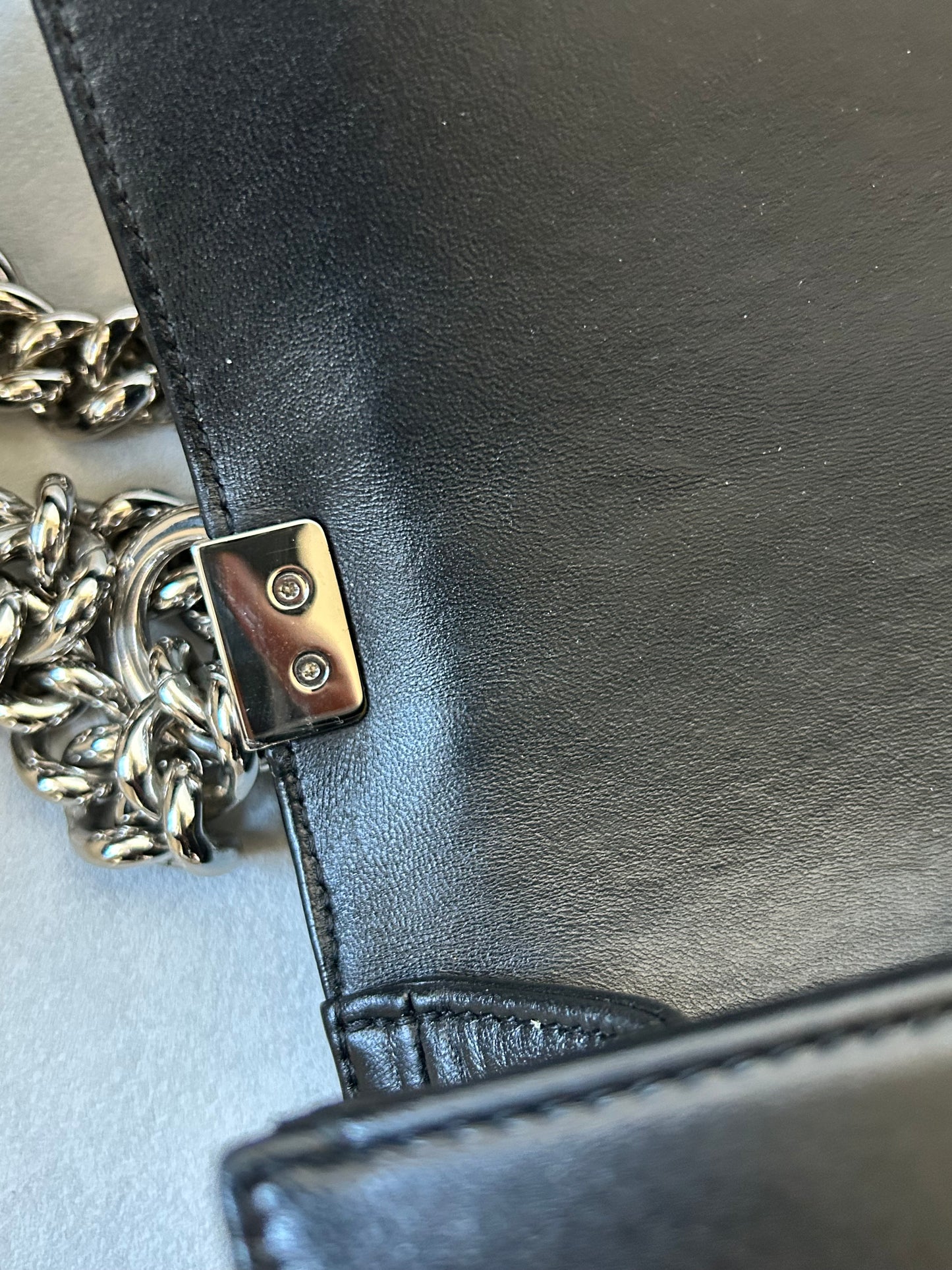 Chanel le boy medium black leather and tweed