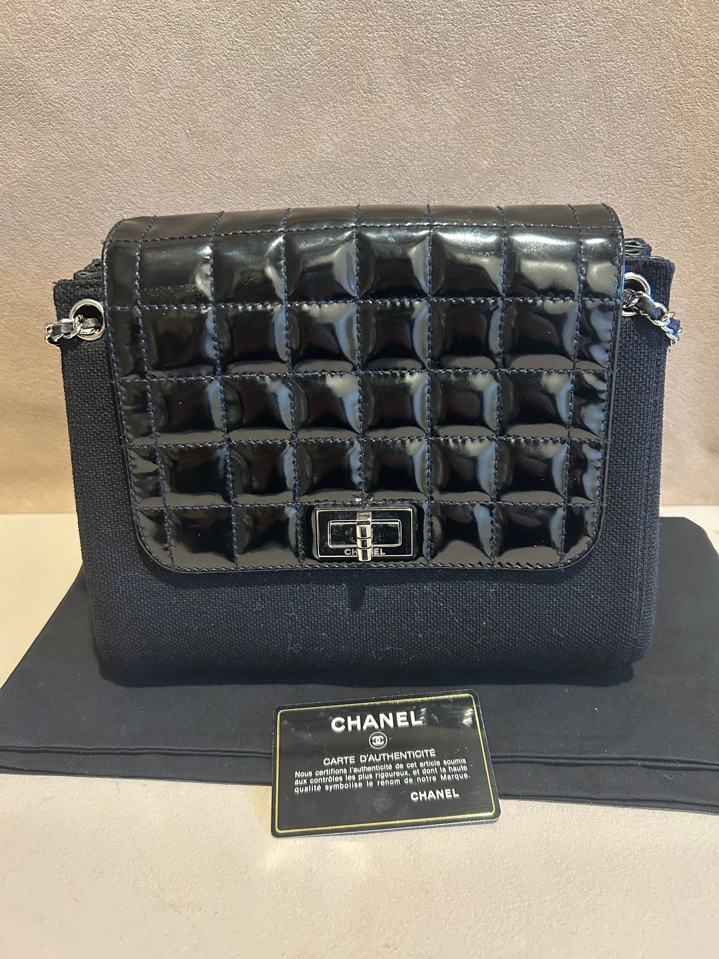 Chanel 2.55 chocolate bar patent leather shoulder bag