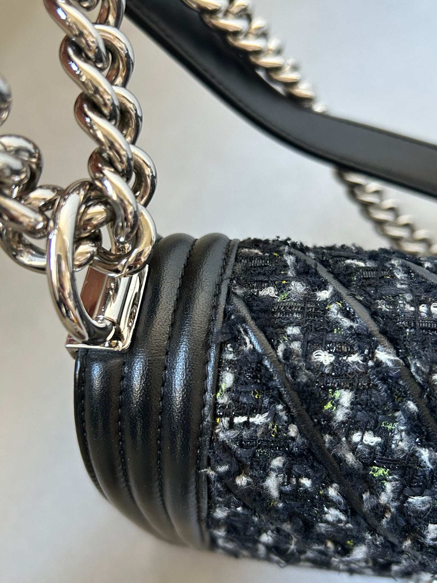 Chanel le boy medium black leather and tweed