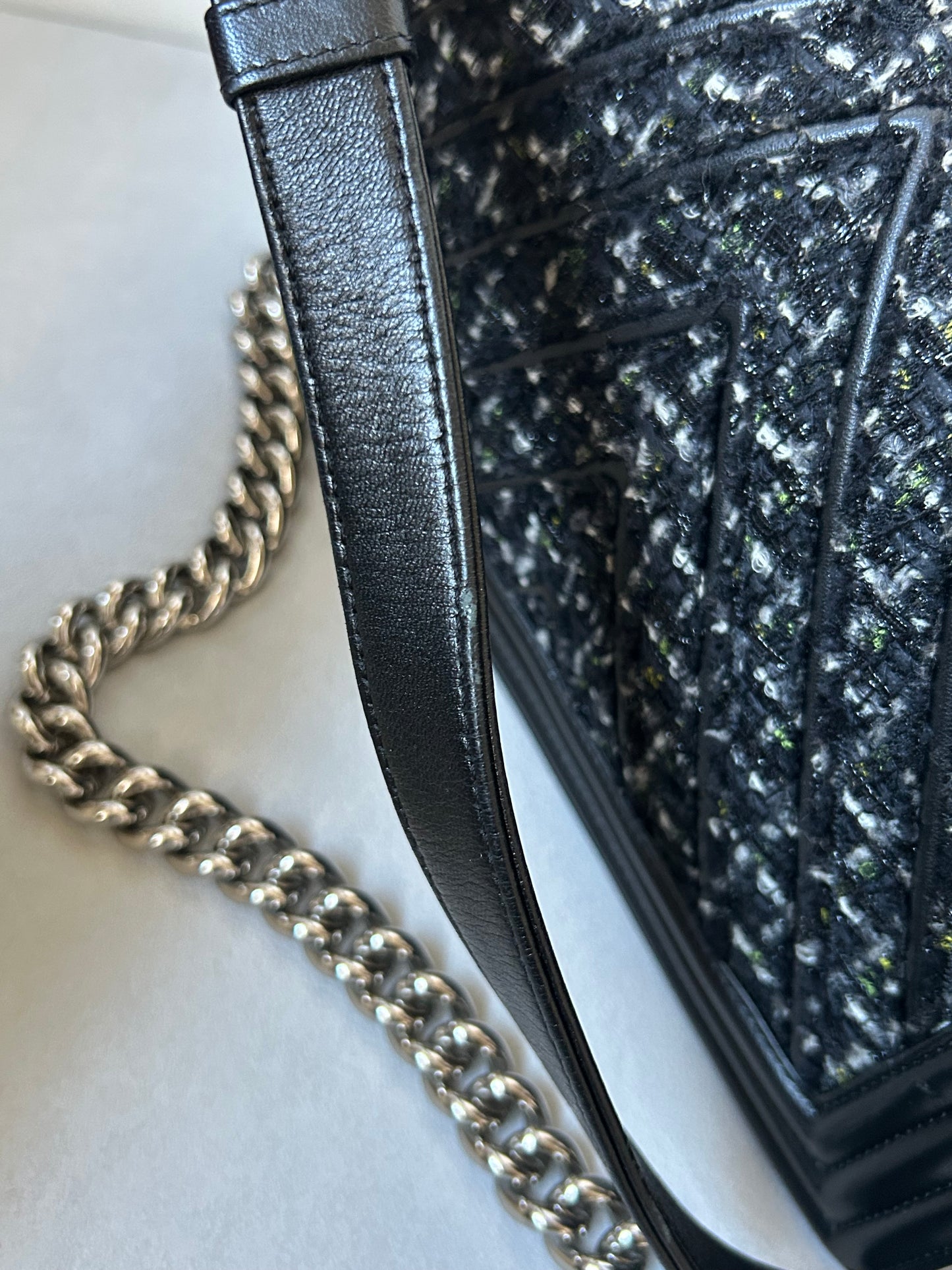 Chanel le boy medium black leather and tweed