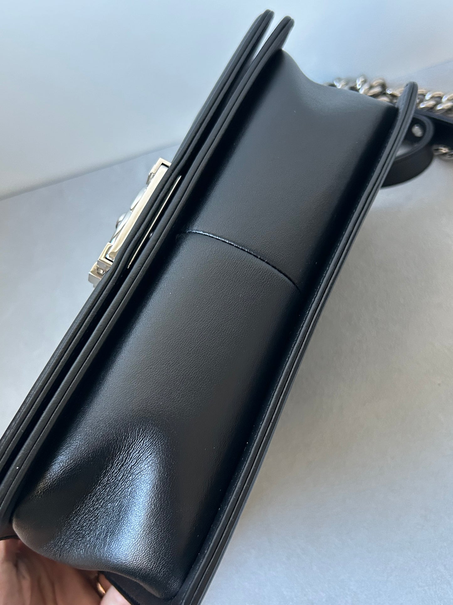 Chanel le boy medium black leather and tweed