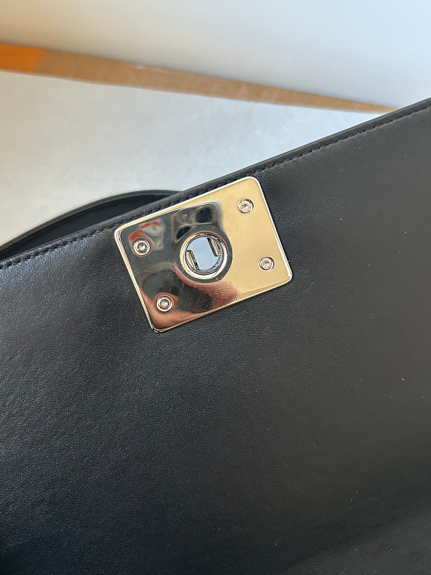 Chanel le boy medium black leather and tweed