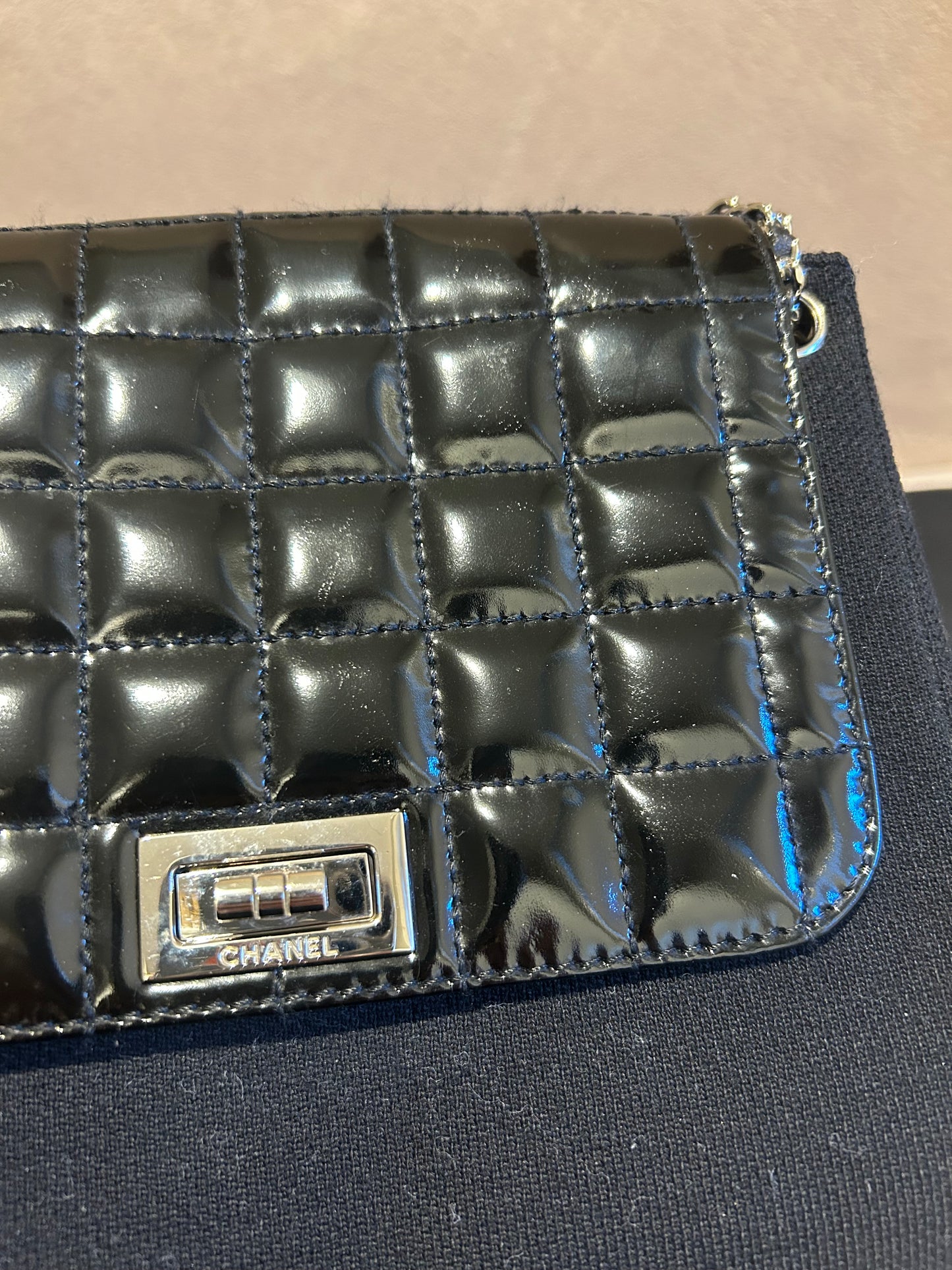 Chanel 2.55 chocolate bar patent leather shoulder bag