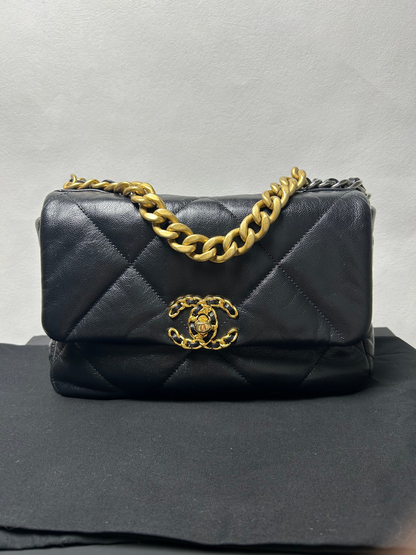 Chanel 19 bag small black and gold