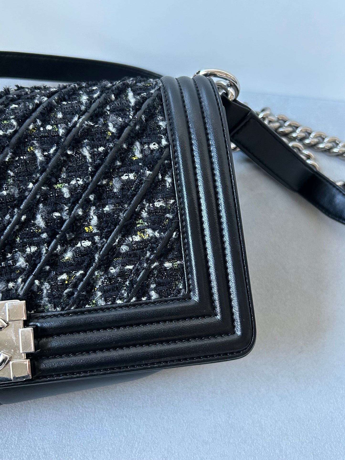 Chanel le boy medium black leather and tweed