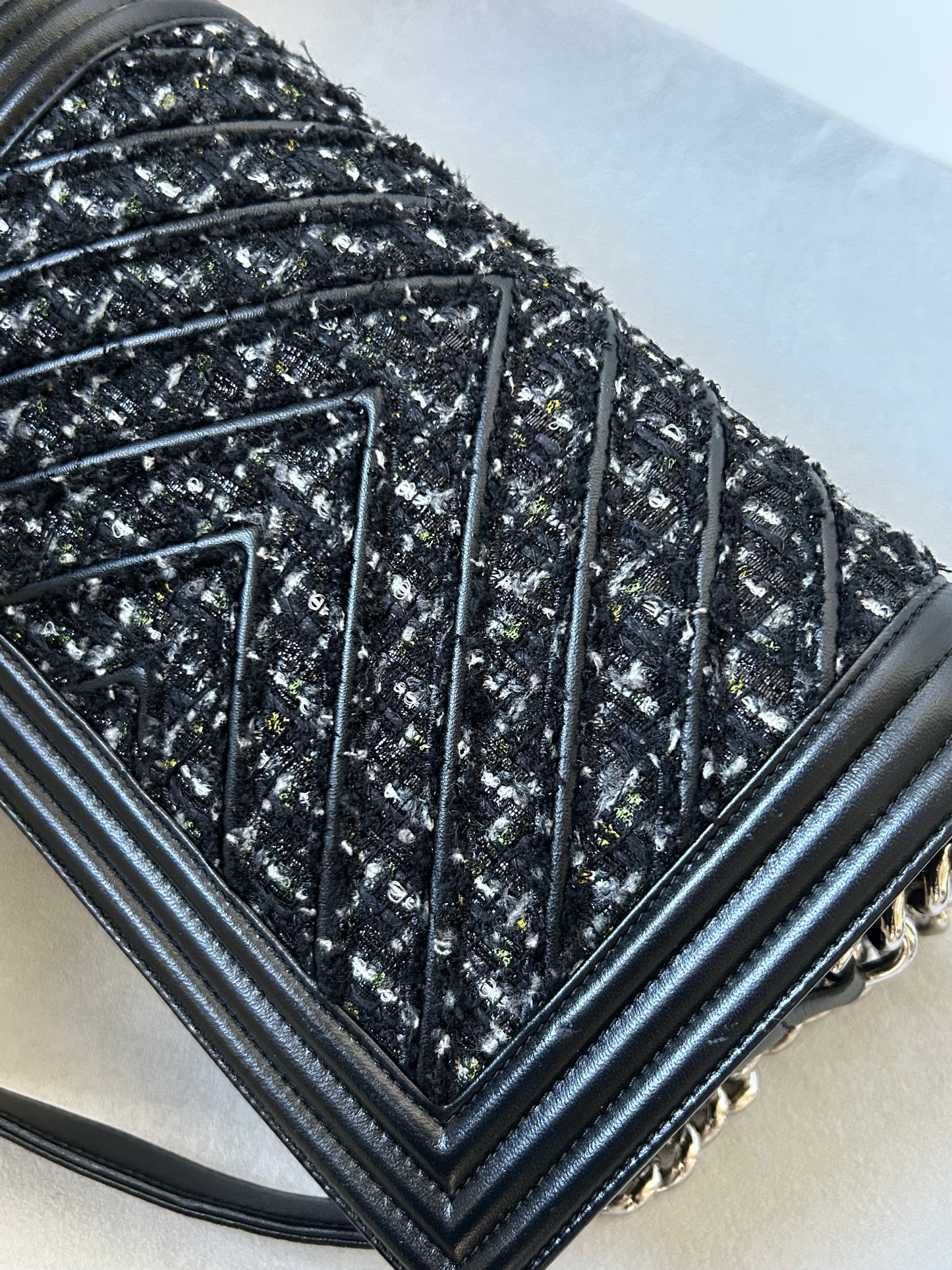 Chanel le boy medium black leather and tweed