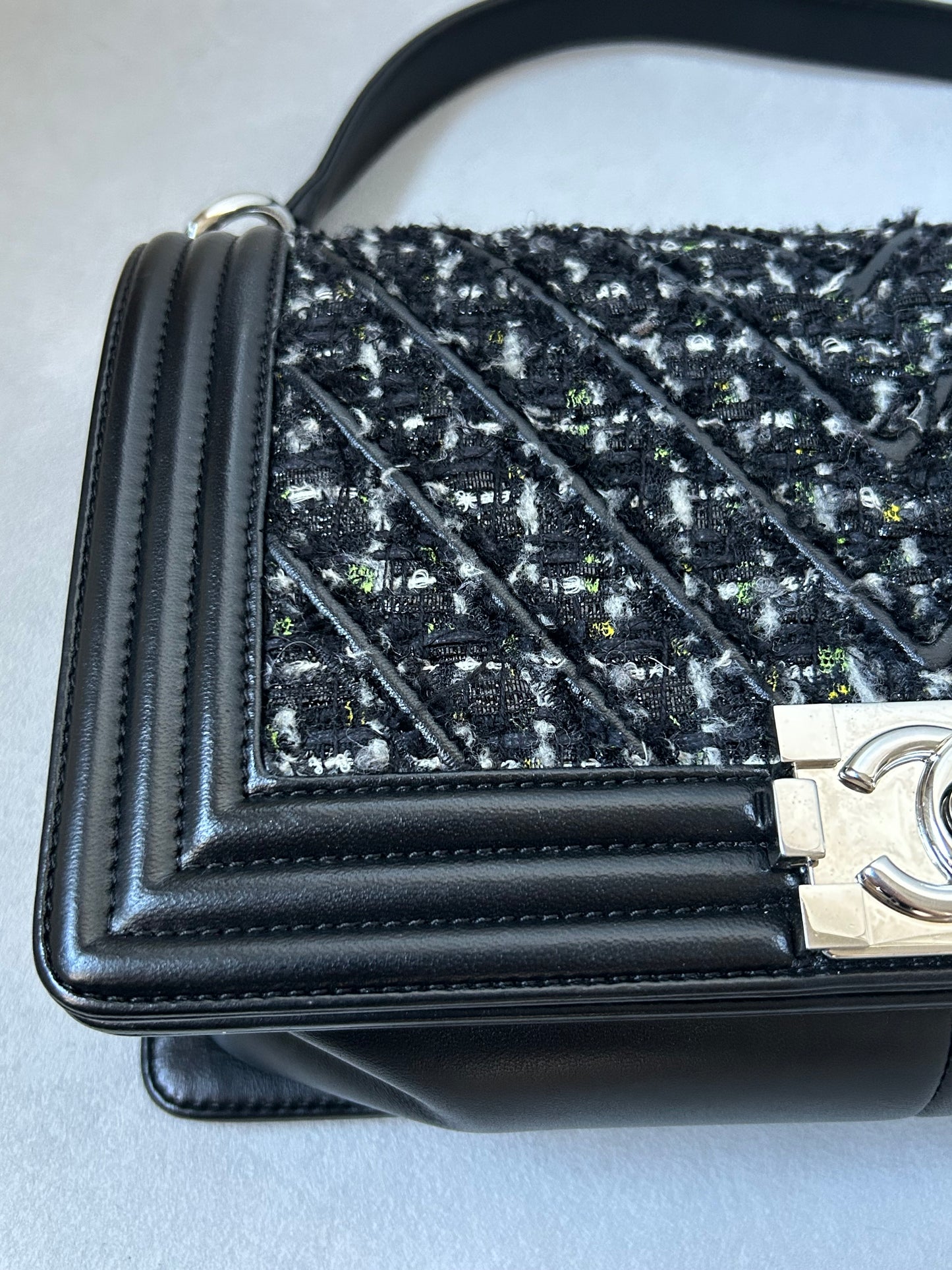 Chanel le boy medium black leather and tweed