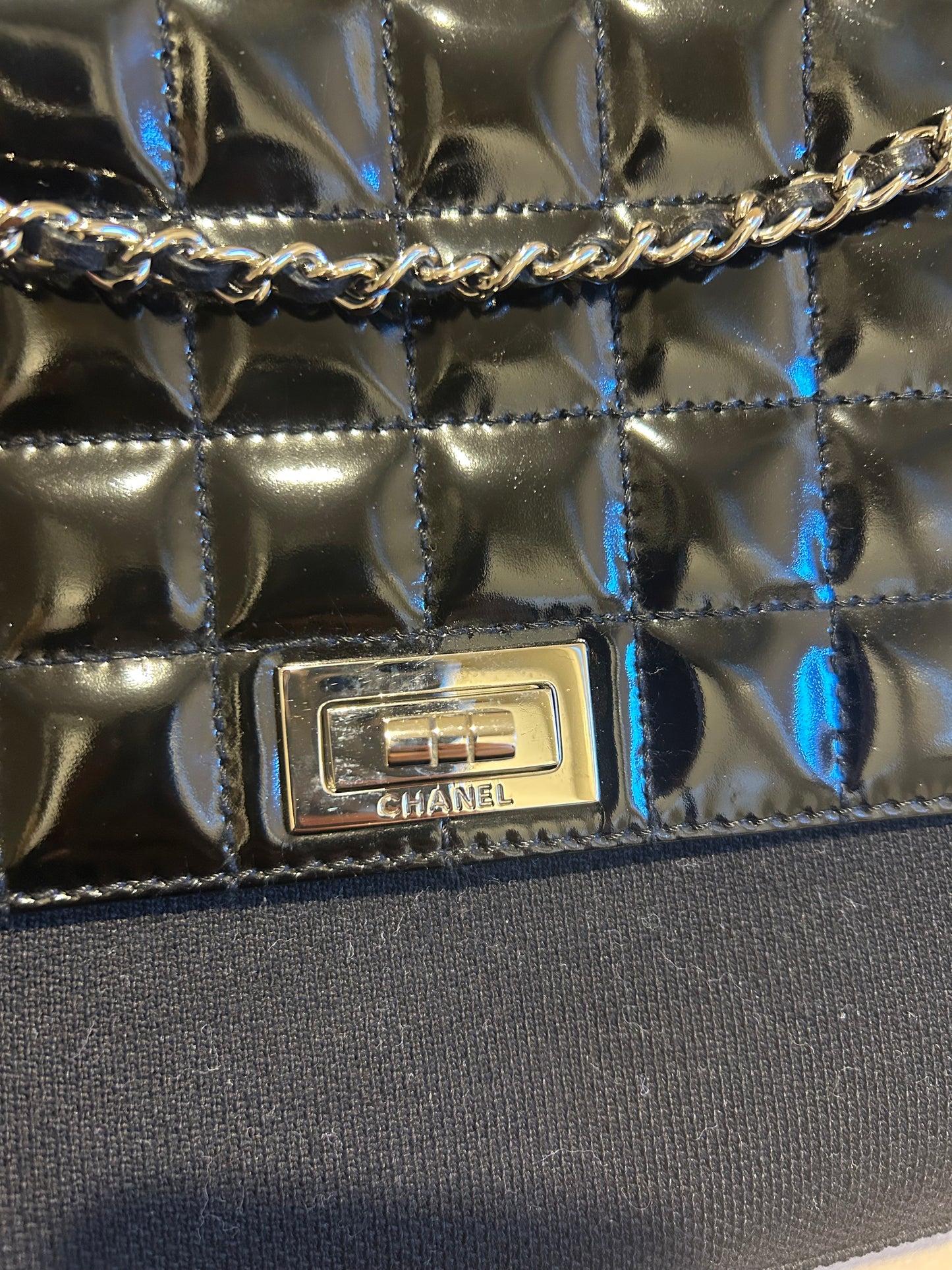 Chanel 2.55 chocolate bar patent leather shoulder bag