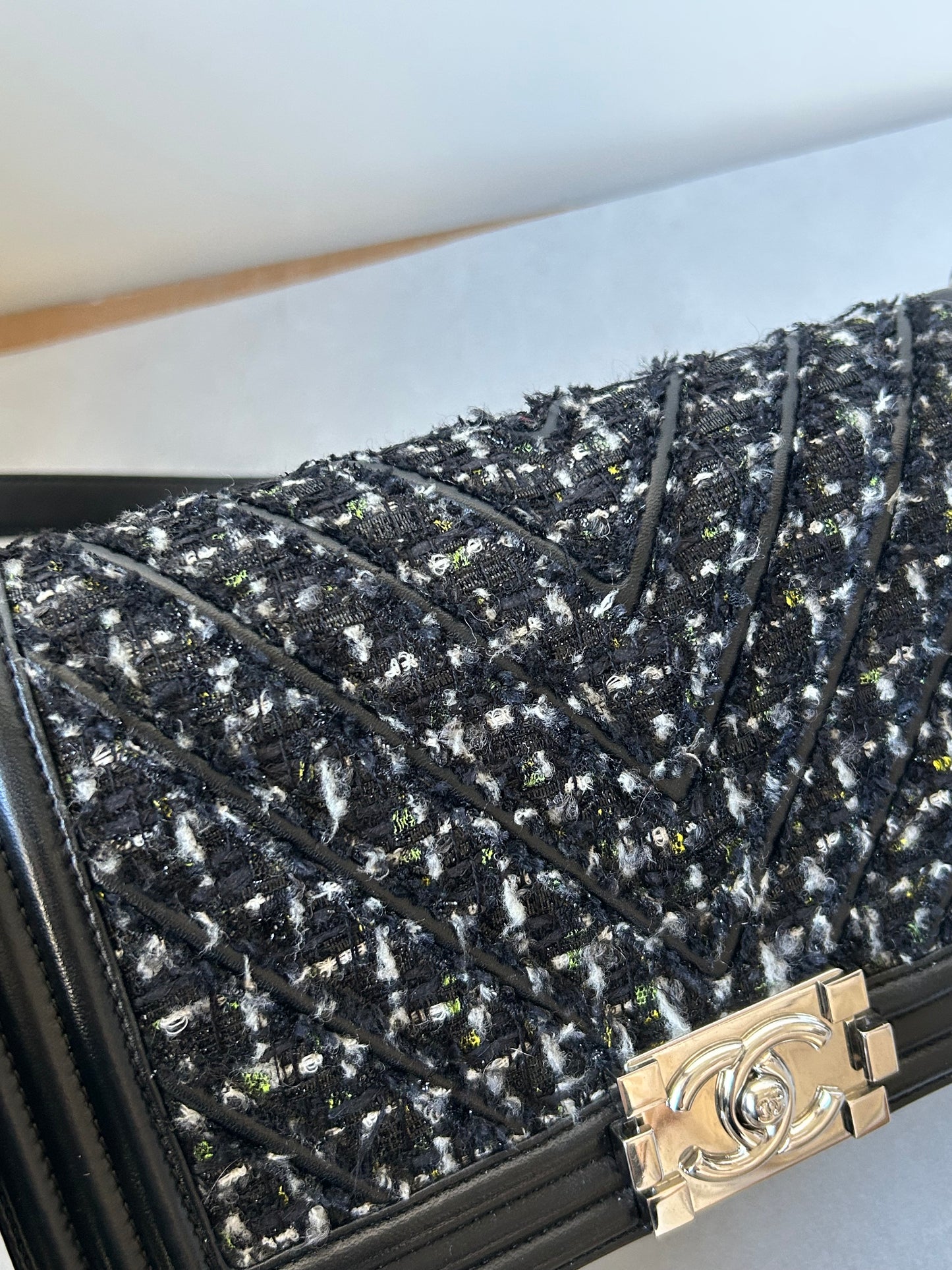 Chanel le boy medium black leather and tweed