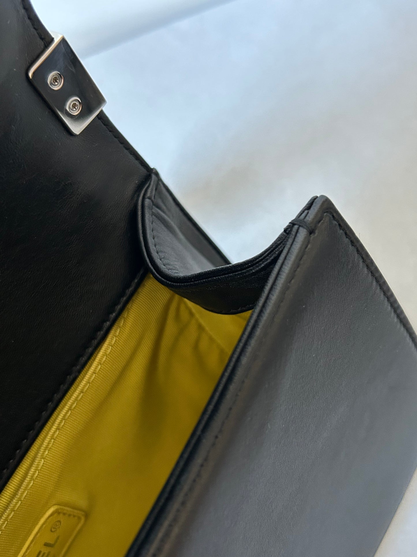 Chanel le boy medium black leather and tweed