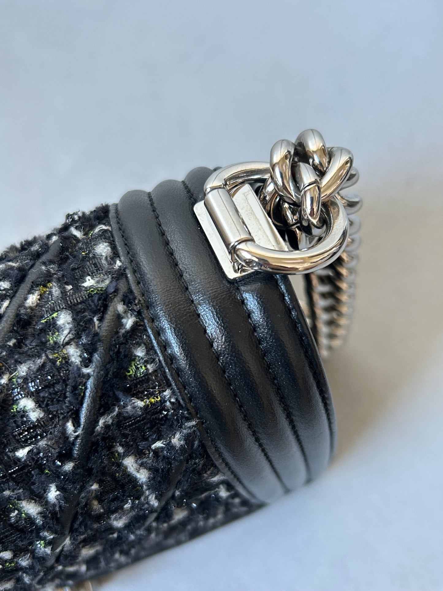 Chanel le boy medium black leather and tweed