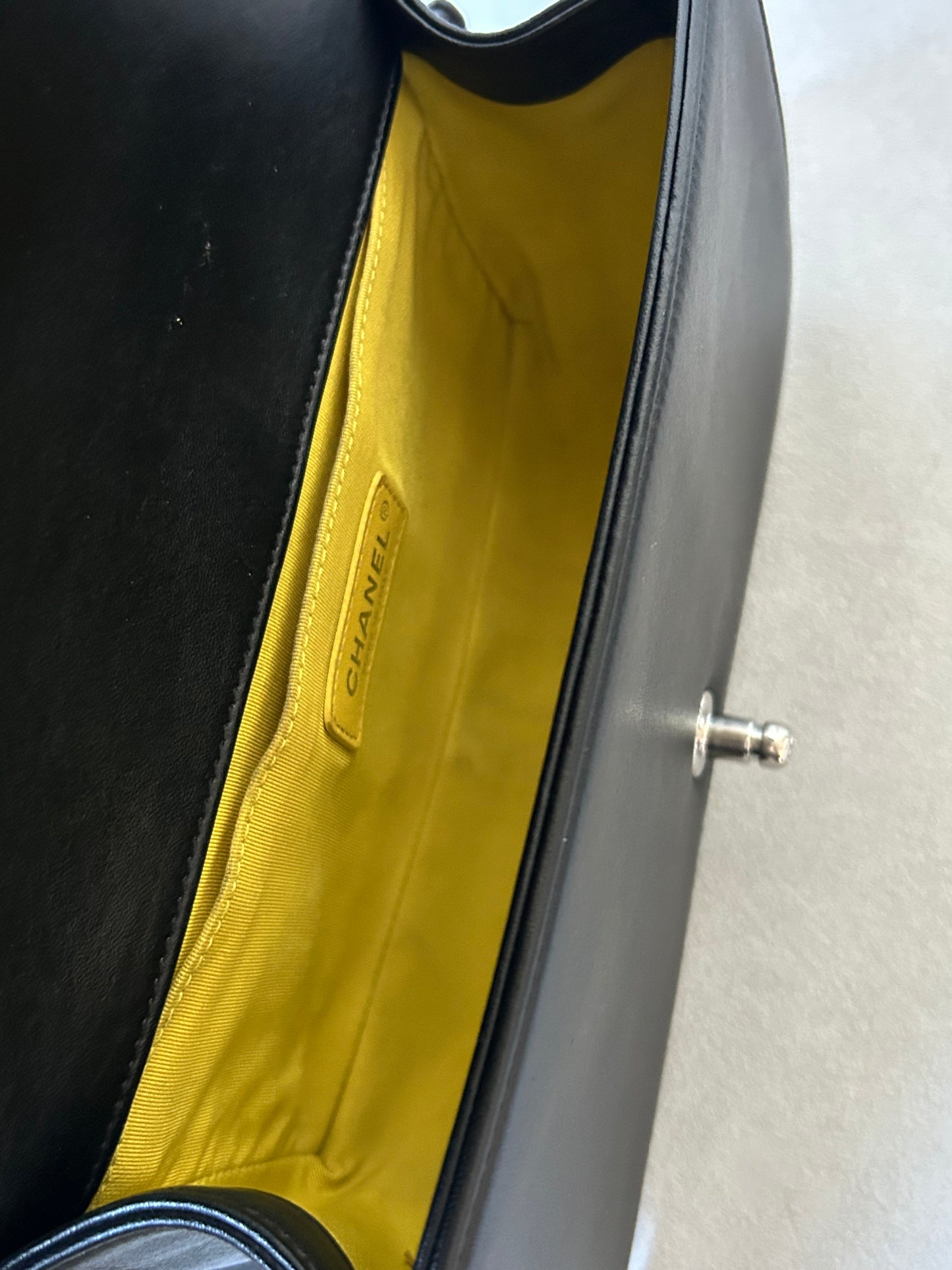 Chanel le boy medium black leather and tweed