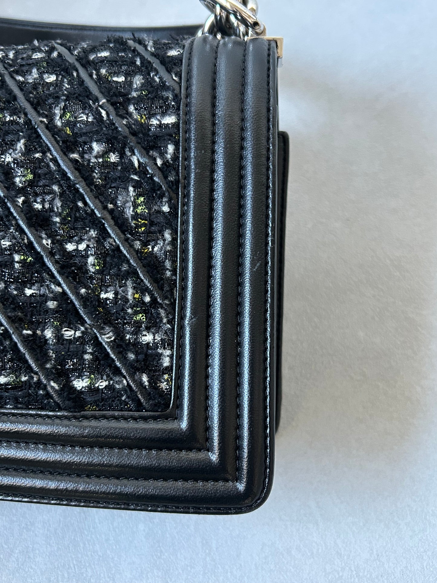 Chanel le boy medium black leather and tweed