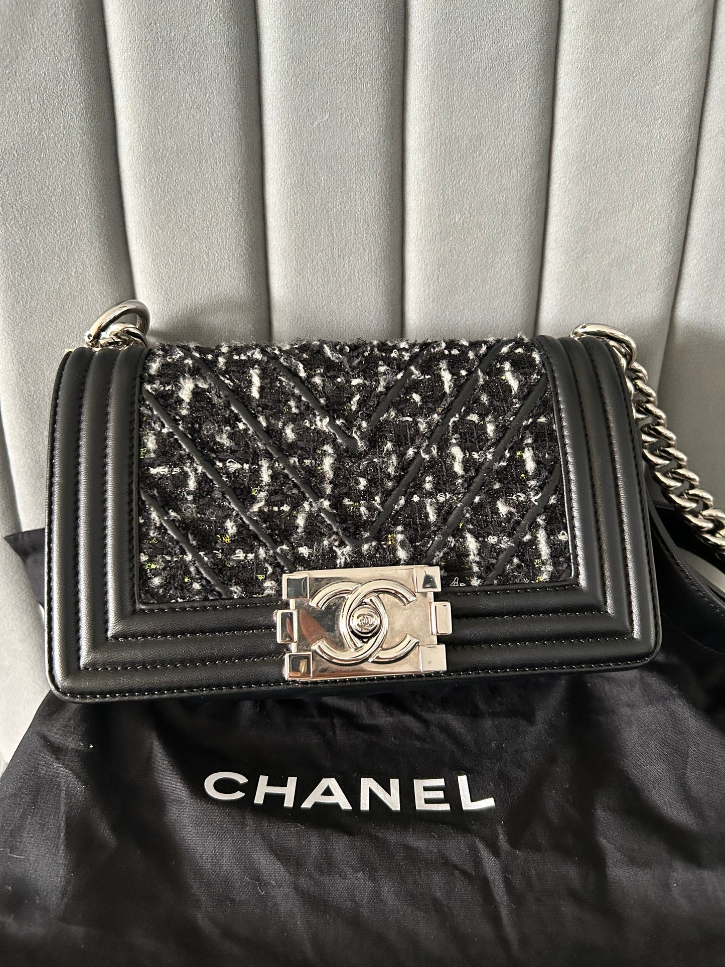 Chanel Black Quilted Leather and Tweed Small Boy Flap Bag