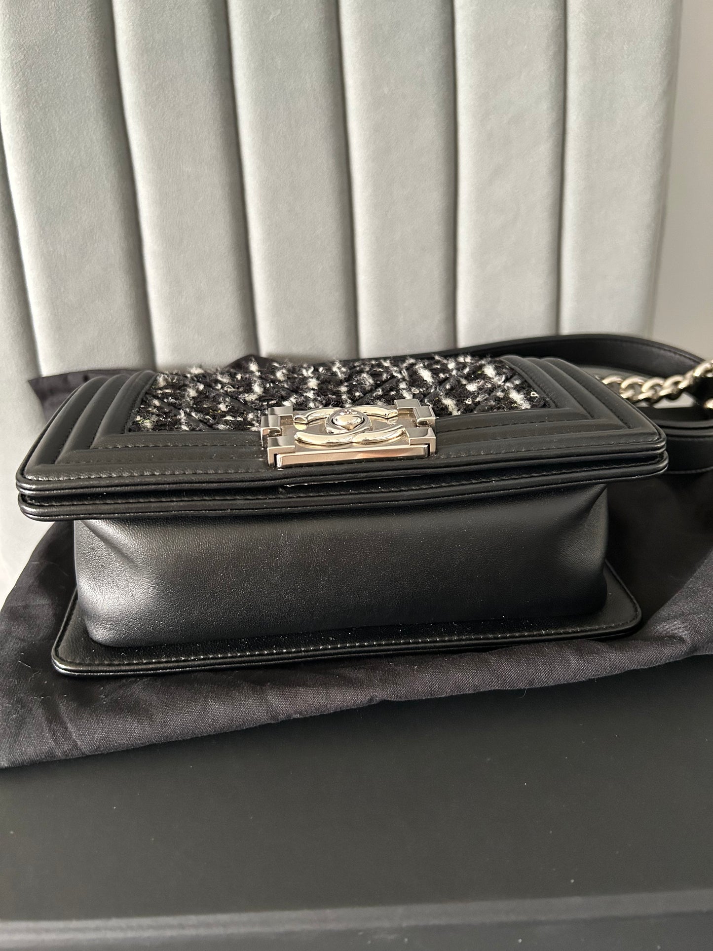 Chanel Black Quilted Leather and Tweed Small Boy Flap Bag