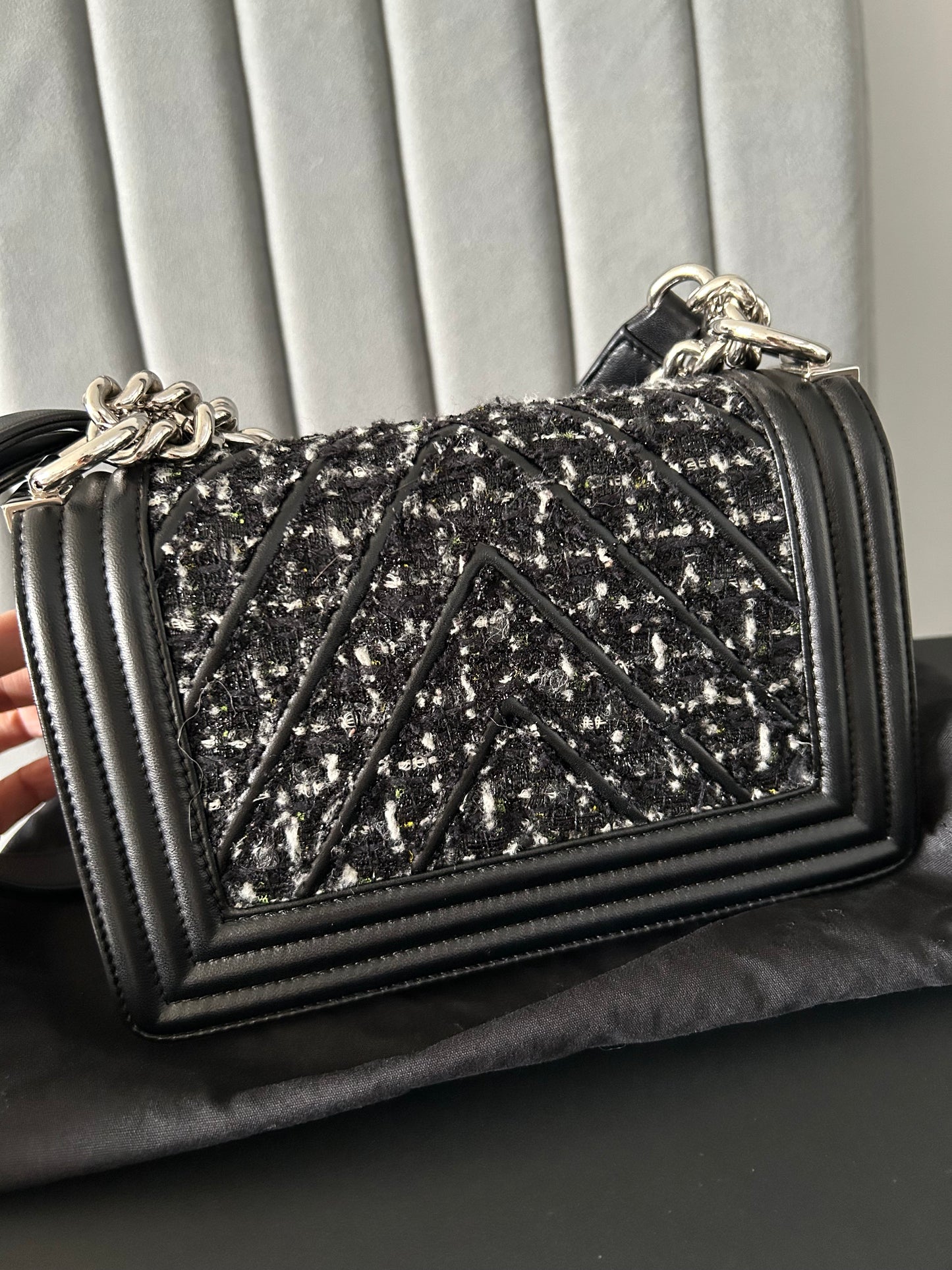 Chanel Black Quilted Leather and Tweed Small Boy Flap Bag