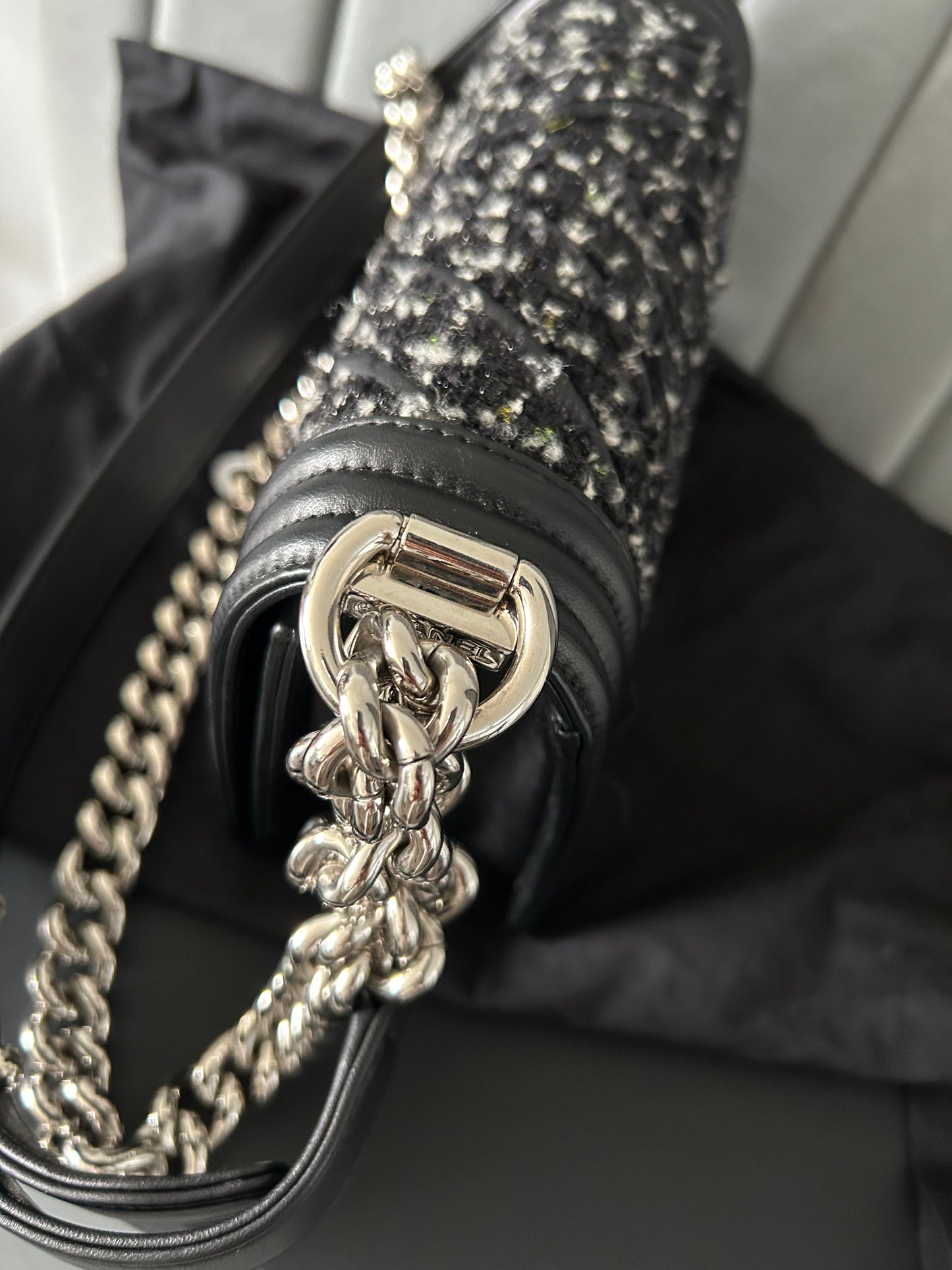 Chanel Black Quilted Leather and Tweed Small Boy Flap Bag
