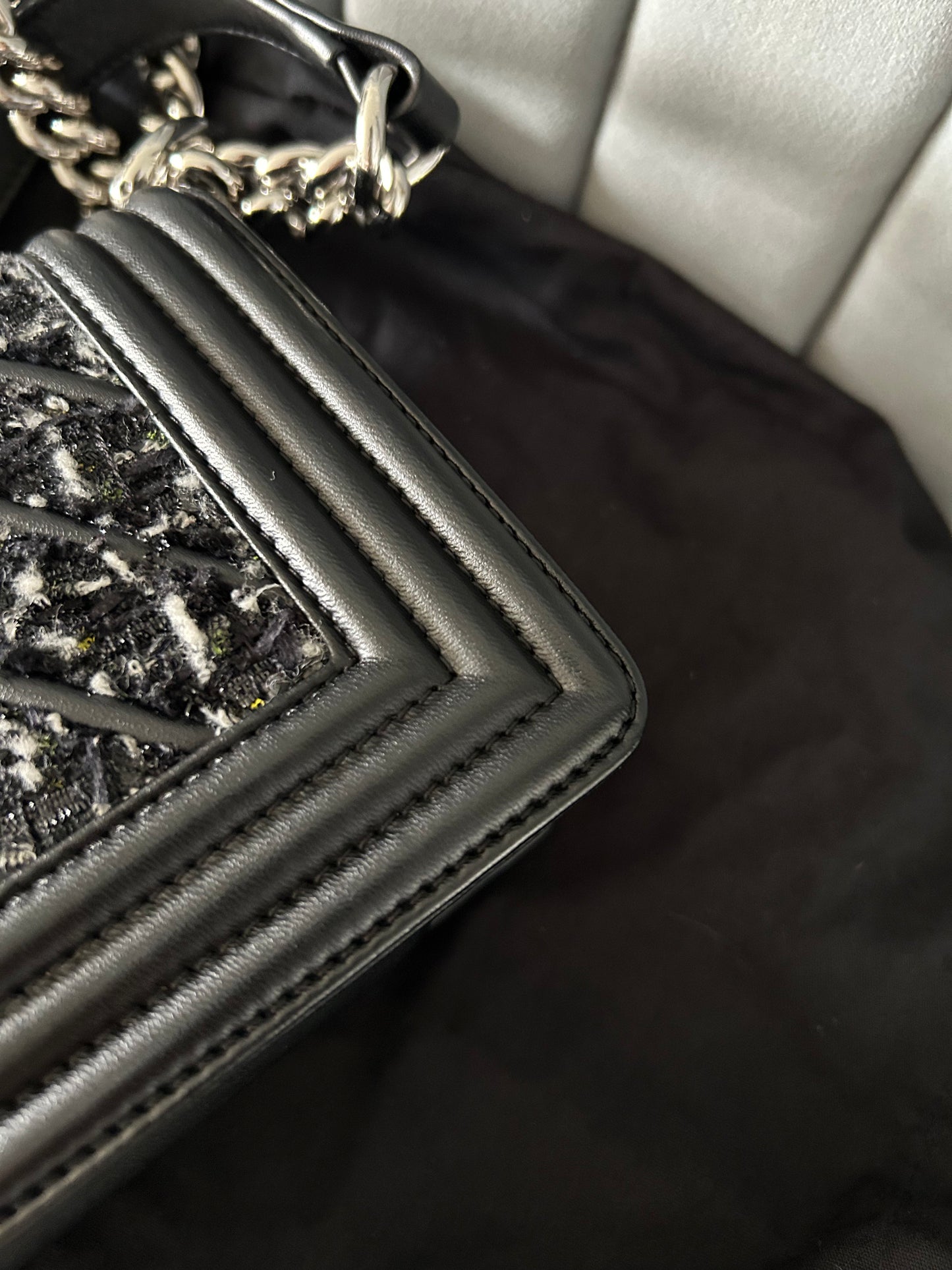 Chanel Black Quilted Leather and Tweed Small Boy Flap Bag