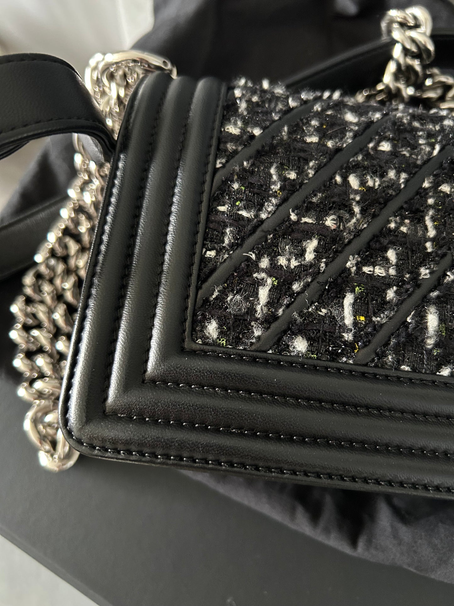 Chanel Black Quilted Leather and Tweed Small Boy Flap Bag
