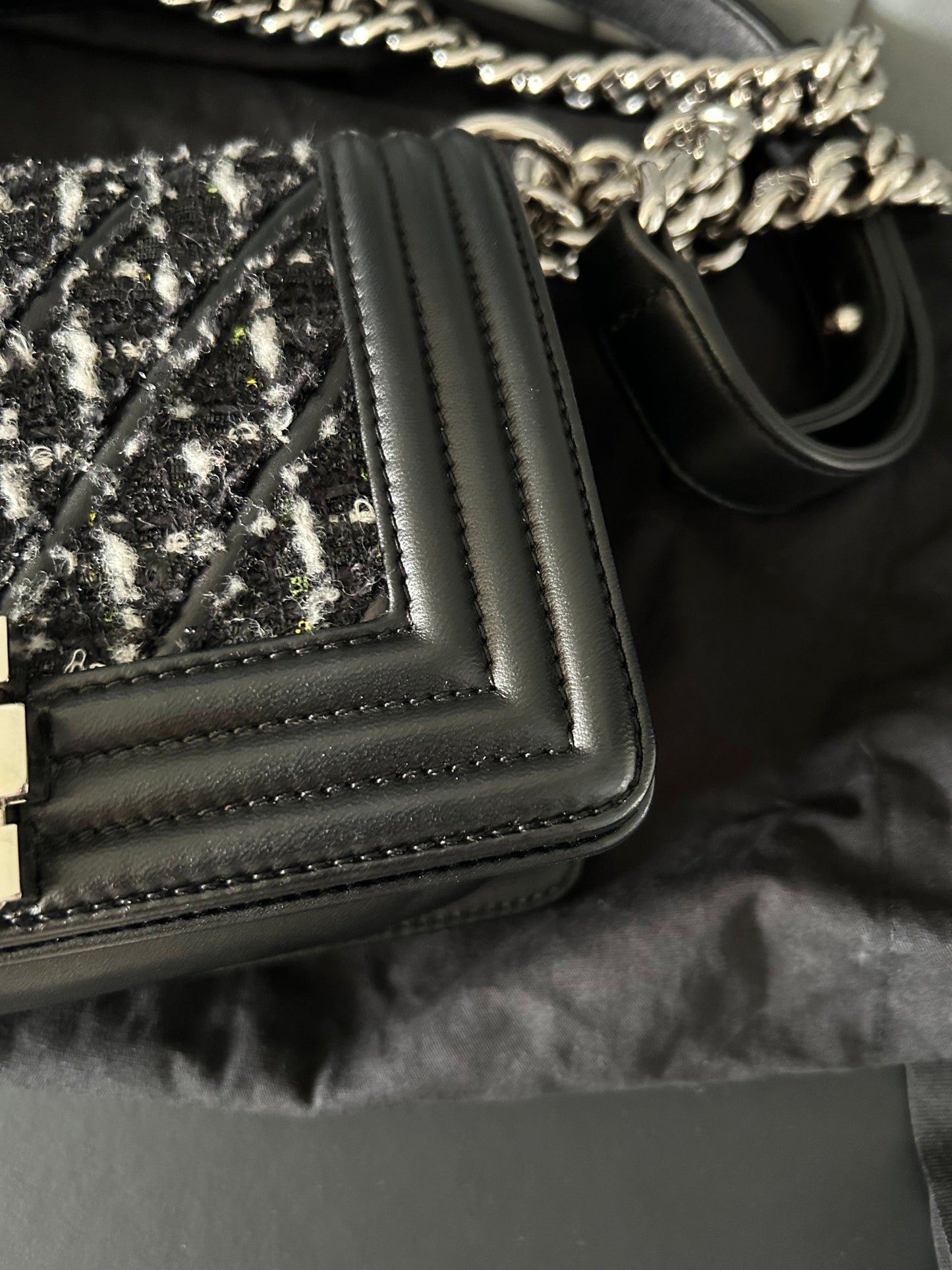 Chanel Black Quilted Leather and Tweed Small Boy Flap Bag