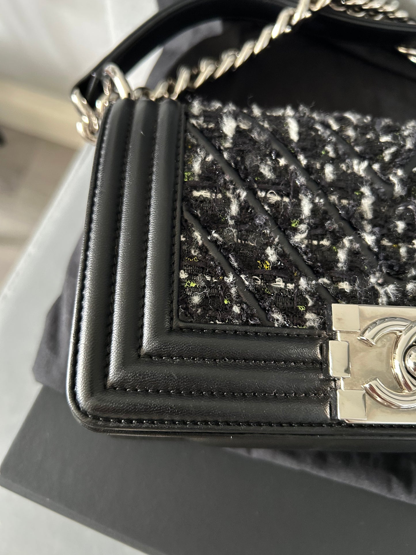 Chanel Black Quilted Leather and Tweed Small Boy Flap Bag