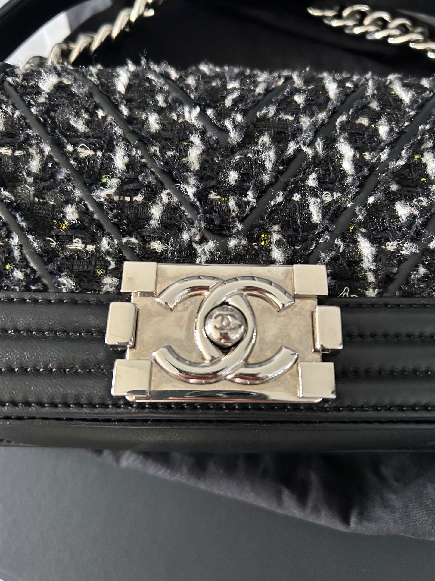 Chanel Black Quilted Leather and Tweed Small Boy Flap Bag