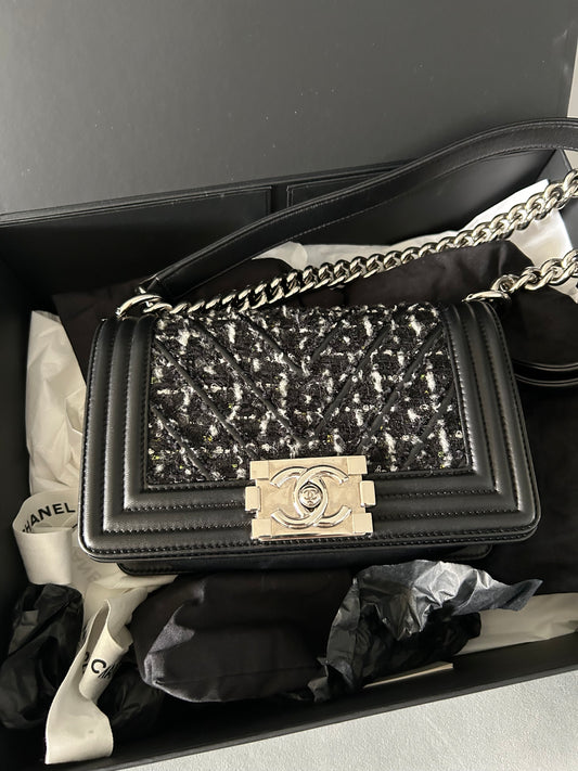 Chanel Black Quilted Leather and Tweed Small Boy Flap Bag